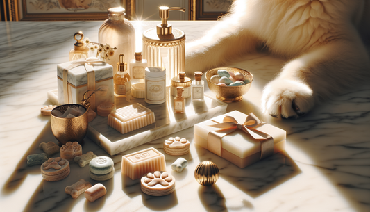 gourmet dog treats and spa products on marble with a happy dog paw reaching in