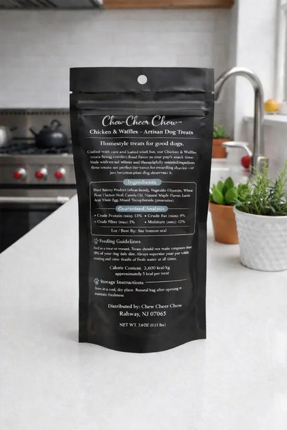 Chicken and waffles artisan dog treats packaging on a kitchen countertop with plants in background.