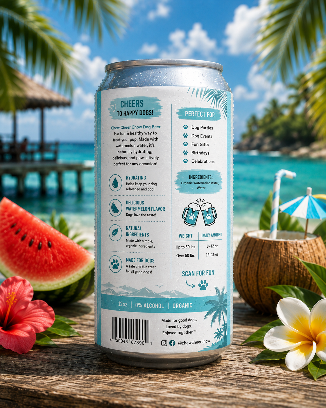 Chew Cheer Chow Dog Beer – Watermelon Water for Dogs | Dog Mocktail Drink, Hydration Beverage & Food Topper (12 oz)