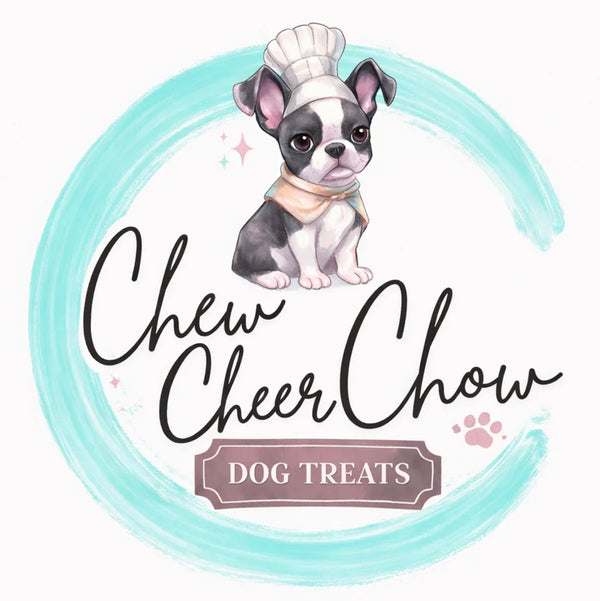 Cute cartoon French Bulldog in chef hat with Chew Cheer Chow dog treats logo